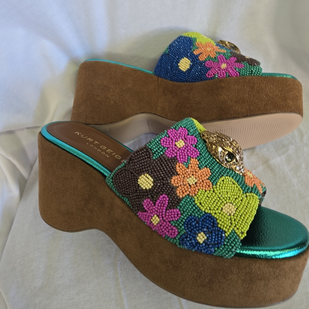 Kurt Geiger Beaded Floral Slide Mules in Teal, Green, Pink, Orange - Picture 4 of 16